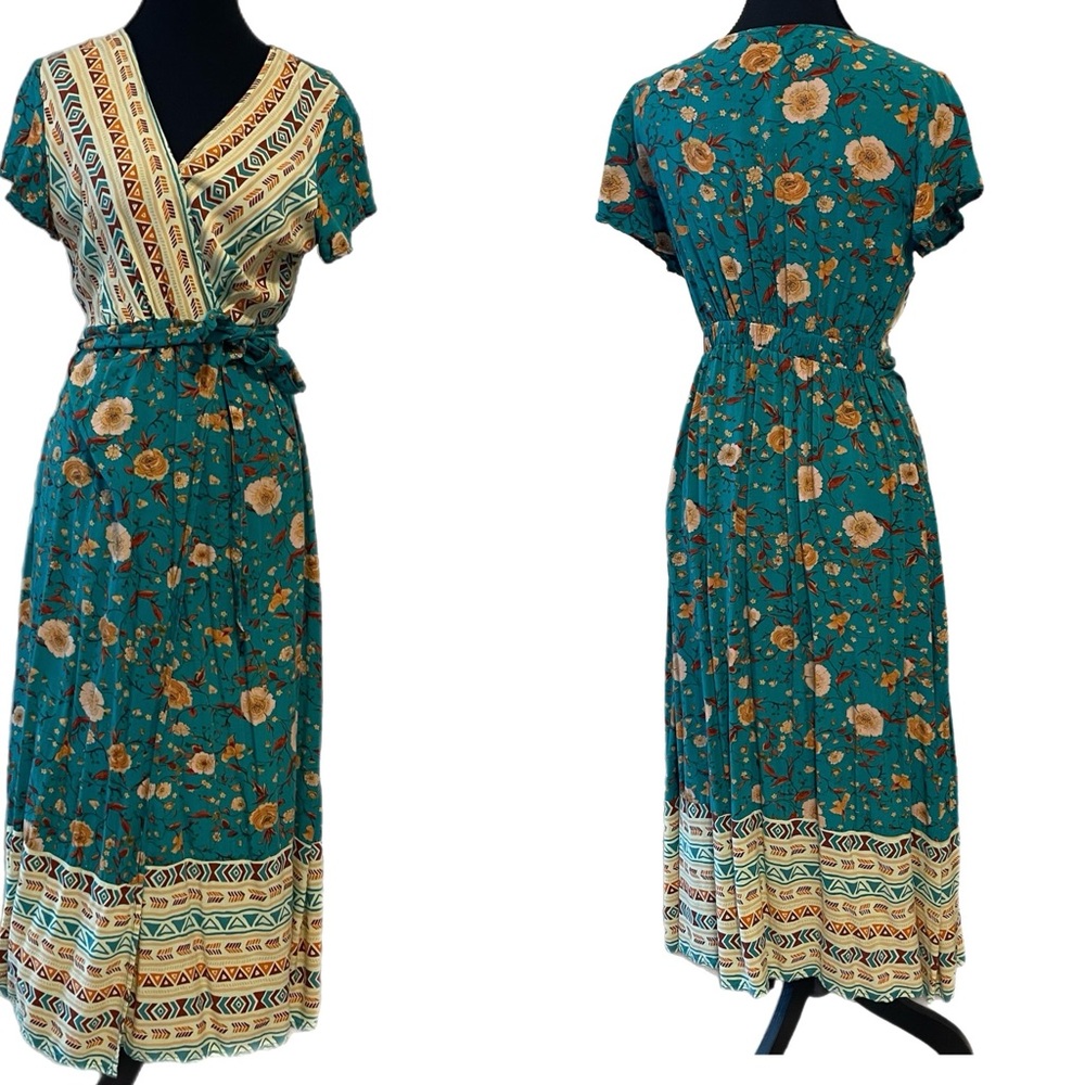 Lapis Green Gold Flutter Sleeve Maxi Dress